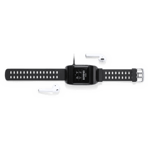 A black smart watch with a digital display and a pair of wireless headphones beside it. The watch has a branding logo.