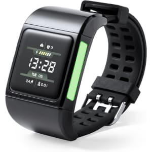 A black smart watch with a digital display, rubber strap, and a glowing green section on the side.