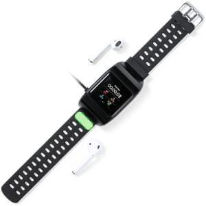 A black Pinsir Smart Watch with a green accent and two white wireless earbuds beside it.