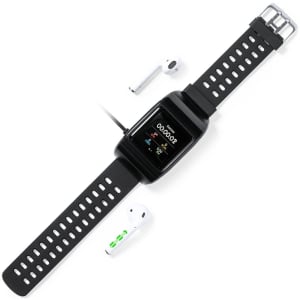 A black smartwatch with a digital display and a sporty band, accompanied by wireless earphones. It has a logo.