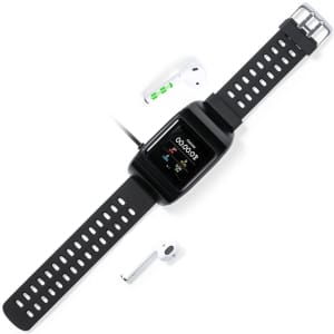 A black smartwatch with a digital display and a silicone strap, alongside a pair of white wireless earbuds.