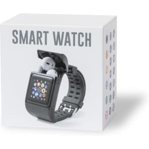 A black smart watch displayed on the side of a white box with a logo and colourful icons.
