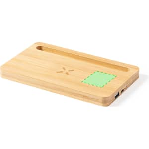 A bamboo wireless charger with a sleek design, featuring a slot and a USB port. It includes a brand logo.