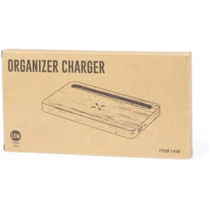 A wooden wireless charger in a rectangular design, packaged in a brown box with branding and specifications details.