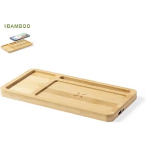 A bamboo organiser charger with two sections for devices and a logo, featuring a natural wooden finish.