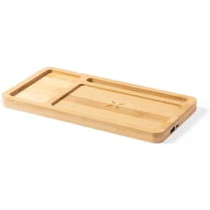 A bamboo organiser charger featuring compartments for devices and accessories, designed in a natural wood finish.
