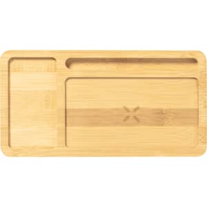 A bamboo organiser charger with multiple compartments for gadgets and accessories. It features a minimalist design and a natural finish.