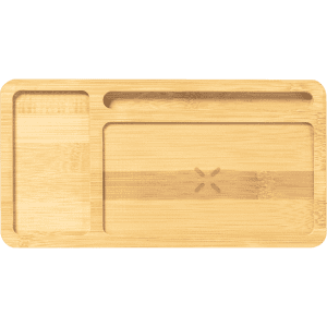 A bamboo organiser with multiple compartments for wireless charging and storage, featuring a logo.