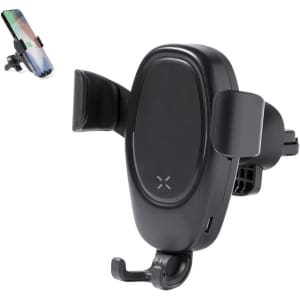 A black car phone holder with adjustable grips, featuring a sleek design and a port for charging.