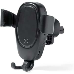 A black car phone holder with adjustable grips and a hook for secure mounting. It features a sleek design and a logo.