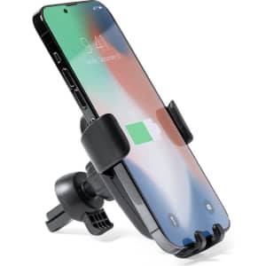 A black car phone holder securely supports a smartphone, featuring a simple, adjustable design.
