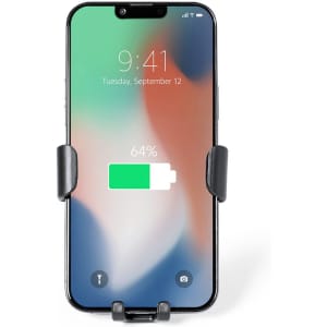 A car phone holder in black, featuring a smartphone with a battery indicator displayed at 64%.