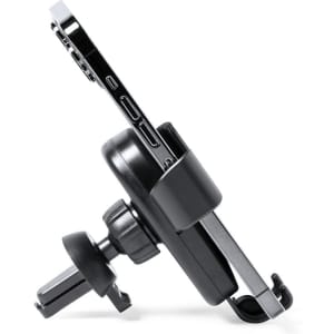 A black car phone holder designed to secure mobile devices, featuring a sturdy grip and adjustable mount.