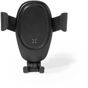 A black car phone holder with adjustable arms and a base for secure mounting. It features a branding logo.