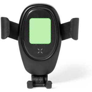A black car phone holder with adjustable arms and a green central panel. It features a logo on the front.