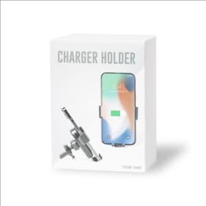 A grey charger holder in a white box, featuring a phone holder design. The box has a logo on it.
