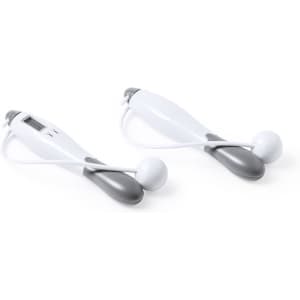 A digital skipping rope in grey and white, featuring a display screen and a spherical end. It includes a logo.