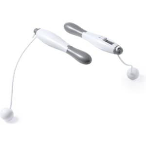 A digital skipping rope in white and grey, featuring a display and attached ends. It includes branding on the design.