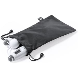 A black storage pouch containing a digital skipping rope and accessories, featuring a drawstring closure.