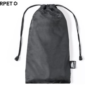 A black drawstring pouch made from recycled materials, featuring a small logo tag.