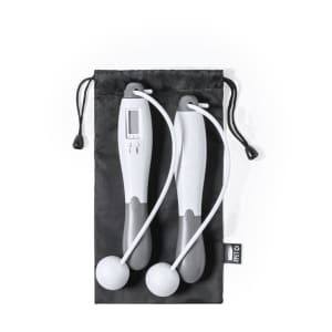 A digital skipping rope in white and grey, with a storage pouch, featuring a small display and two skipping handles.