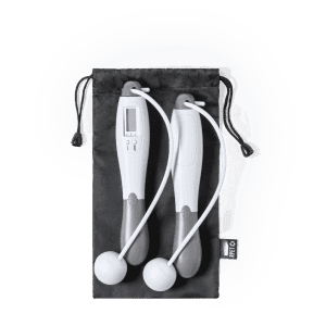A set of white and grey digital skipping ropes in a black drawstring pouch.