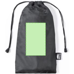 A black drawstring bag made of smooth material, featuring a rectangular empty space for customisation.