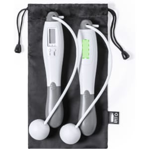 A digital skipping rope in white and grey, packaged in a black drawstring bag.