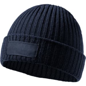 A navy beanie with a ribbed texture and a blank patch for branding.
