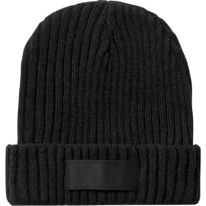 A black ribbed beanie with a folded cuff and a logo on the front.