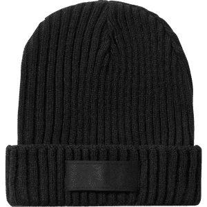 A black ribbed beanie with a fold-over cuff and a branding label.