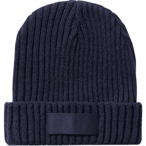 A navy blue ribbed beanie with a wide cuff and a branding label.