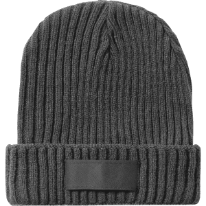 A grey ribbed beanie with a folded cuff and a branding label on the front.
