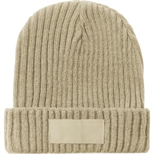 A beige ribbed beanie hat with a folded cuff and a patch area for branding.