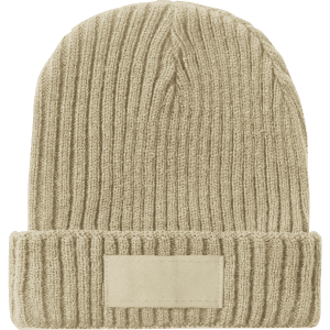 A beige beanie hat with a ribbed texture and a blank branding area on the front.