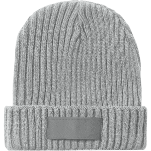 A grey ribbed beanie hat featuring a folded cuff and a blank branding area.