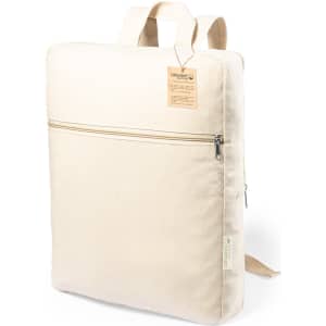 A natural-coloured backpack with a front zip pocket and back shoulder straps, featuring a logo.