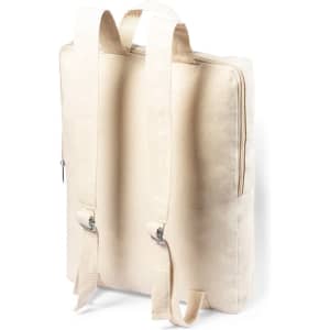 A beige backpack with adjustable straps and a zipped compartment, featuring a simple design and a logo.