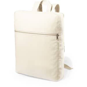 A cream backpack with adjustable straps and a front zip pocket, featuring a logo on the side.