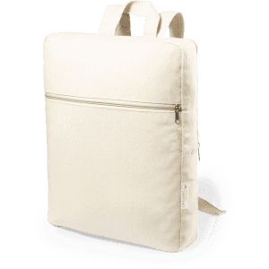 A cream-coloured backpack with a zippered front pocket and adjustable straps. It features a logo on the side.