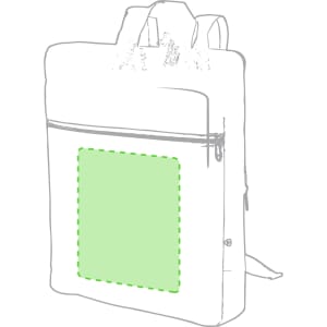 A minimalistic backpack in white with adjustable straps and a front pocket featuring a logo.
