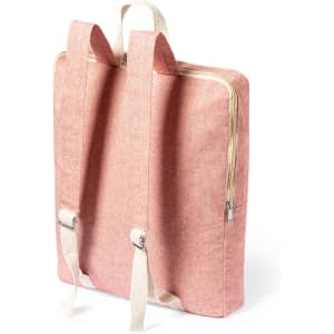 A pink backpack with a zip closure and adjustable straps, featuring a simple design and no visible logos.