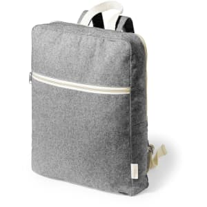 A grey backpack with a front zippered pocket, featuring cream-coloured straps and accents. It has a logo on it.