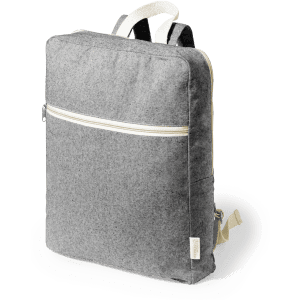 A grey backpack with a front zipper pocket and cream-coloured straps, featuring a logo on the side.