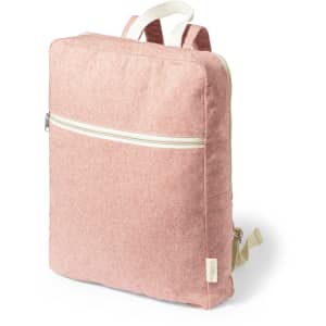 A pink backpack featuring a front zip pocket and adjustable straps, showcasing a simple, modern design.