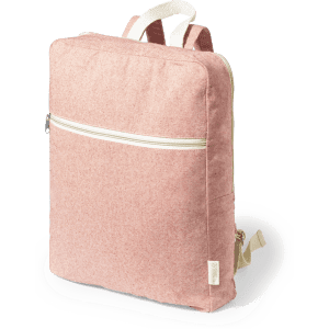 A pink backpack with a white zip and straps, featuring a front pocket and a simple design. It has a branding label.
