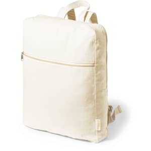 A cream-coloured backpack with a front zipper pocket and two shoulder straps. It has a logo on the side.