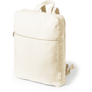 A cream-coloured backpack with a front zip pocket and adjustable straps, featuring a logo.