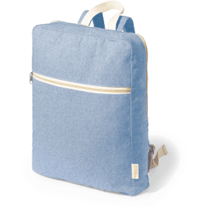 A blue backpack with a zippered front pocket and tan straps, featuring a logo on the side.