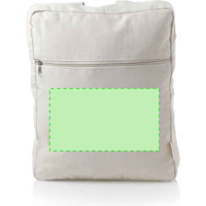 A cream-coloured backpack with a front zip pocket and a blank area for customisation, featuring a logo.